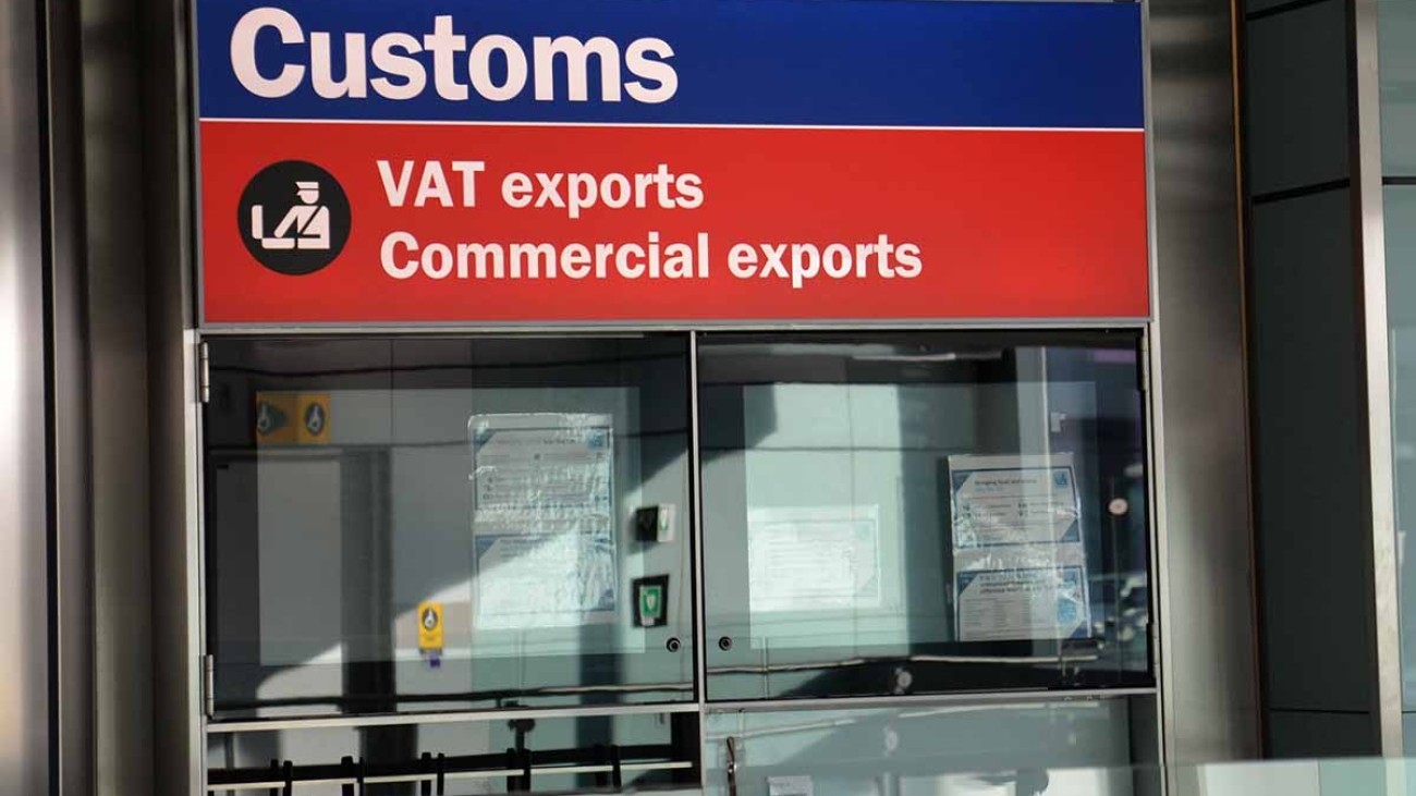 London, England â€“ February 23, 2019: Customs, VAT Exports, Commercial Exports and Border Control at Terminal 5 at London Heathrow Airport, England, United Kingdom, Europe